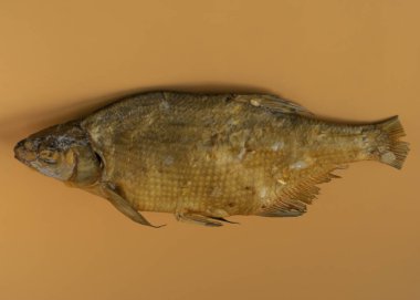 Turuncu arka planda kurutulmuş tuzlanmış balık. Bira çerezi. Taze deniz ürünleri..