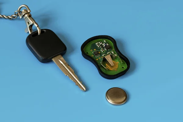 Car key with remote control. Alarm for cars. Broken old, circuit, battery.