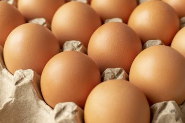 Kağıt ambalajda kahverengi yumurta. Yumurta kabı. Geri dönüşüm. Sağlıklı köy kahvaltısı