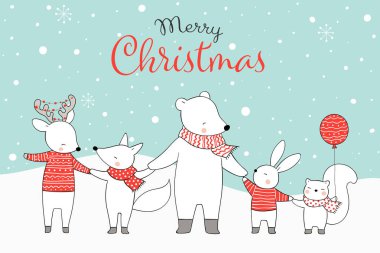 Noel kartı için el ele tutuşan hayvanlar.