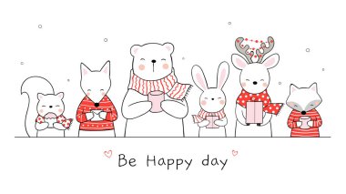 Noel kartı için beyaz üzerine mutlu hayvanlar.