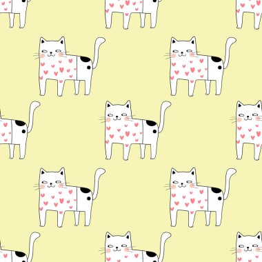 Sarı pastel üzerindeki kedilerde pürüzsüz desen, basit bir vektör çizimi.