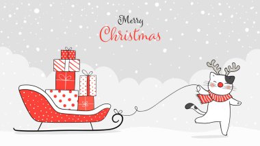 Şirin kedi ve Noel Baba kızağıyla mutlu noel kartı şablonları, basitçe vektör çizimi