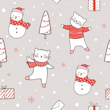 Karda kedilerin olduğu mutlu noel kartı şablonu, basitçe vektör çizimi