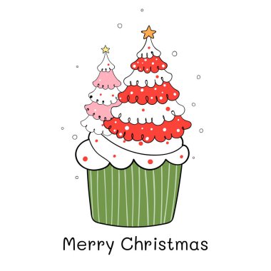 Kek şeklinde köknar ağacıyla mutlu noel şablonu, basitçe vektör illüstrasyonu