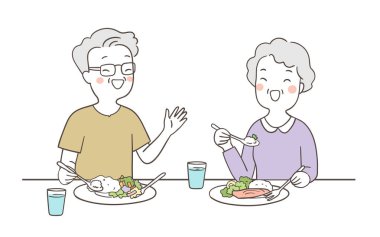 Yaşlı büyük anne ve büyükbaba öğle yemeği yiyorlar, basit bir vektör çizimi.