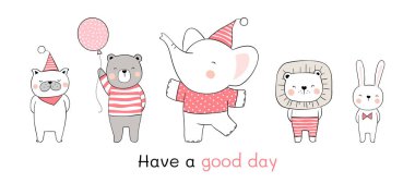 Beyaz üzerinde komik hayvanlar olan afiş, basitçe vektör illüstrasyonu