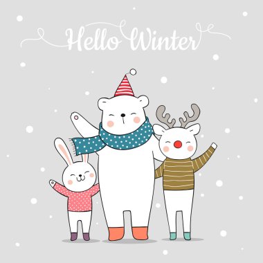 Hayvanlar karda sevgiyle sarılırlar Noel kartı için çok mutludurlar