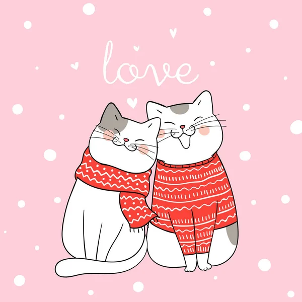 Любовь Пары Кошек Сидящих Рождественской Открыткой — стоковый вектор