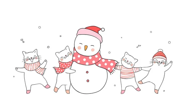 快乐圣诞贺卡模板与可爱的猫和雪人 — 图库矢量图片