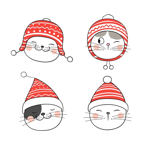 Kırmızı Şapkalı Kedilerin Olduğu Mutlu Noeller Kartı Şablonu — Stok Vektör