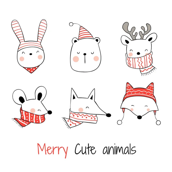 带着快乐动物的头像的圣诞快乐卡片模板 — 图库矢量图片