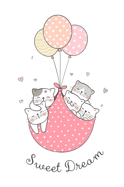 Gatos Dormindo Com Balões Doces Simplesmente Ilustração Vetorial —  Vetores de Stock