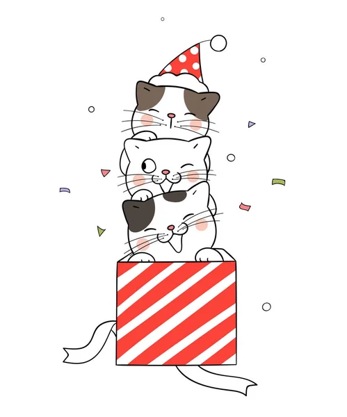 红礼盒里有猫的圣诞贺卡模板 — 图库矢量图片