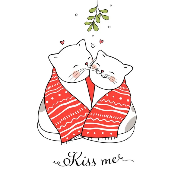 Feliz Modelo Cartão Natal Com Gatos Beijando Sob Visco — Vetor de Stock