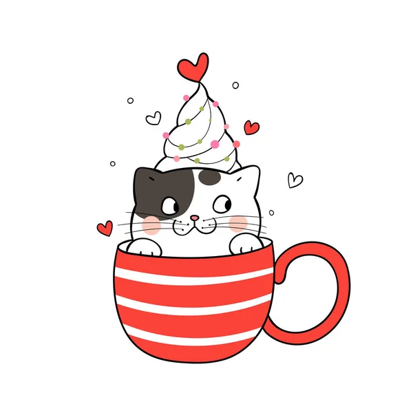 メリークリスマスカードテンプレートでかわいい猫でコーヒーの赤いカップ — ストックベクタ