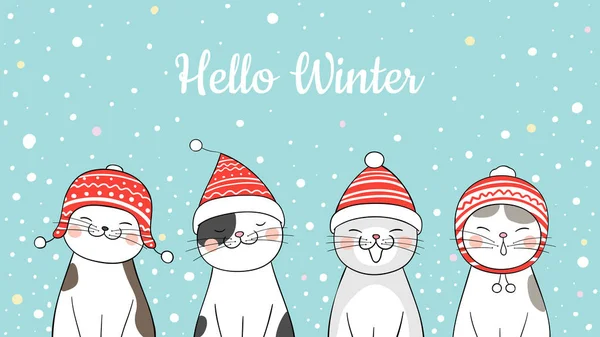 雪地里有可爱的猫的圣诞快乐卡片模板 — 图库矢量图片
