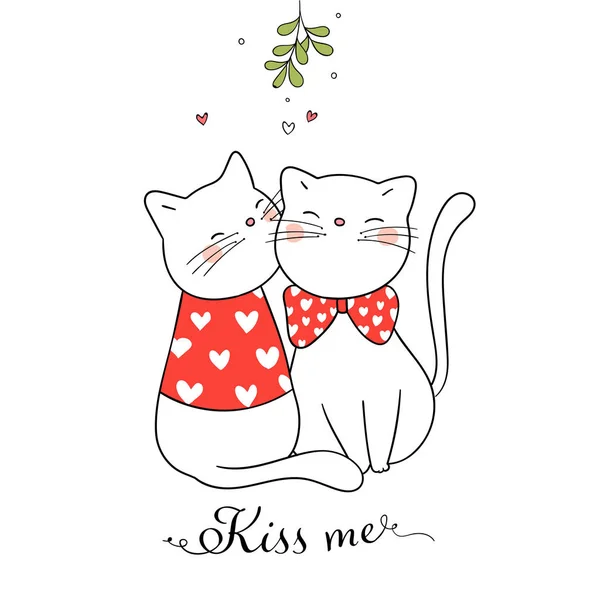 Feliz Modelo Cartão Natal Com Gatos Beijando Simplesmente Ilustração Vetorial — Vetor de Stock