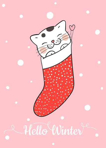 Веселий Шаблон Різдвяних Листівок Кішкою Червоному Шкарпетці Просто Векторні Ілюстрації — стоковий вектор