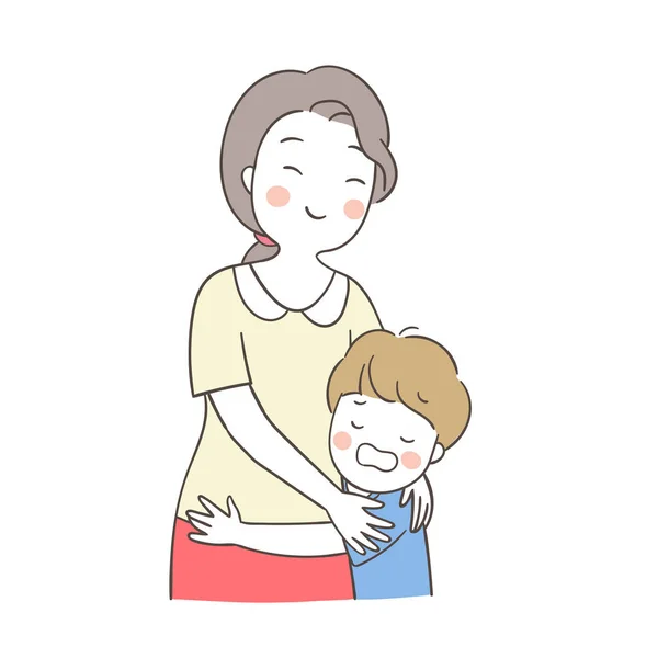 Madre Abrazar Reconfortar Niño Llorando Simplemente Vector Ilustración — Vector de stock