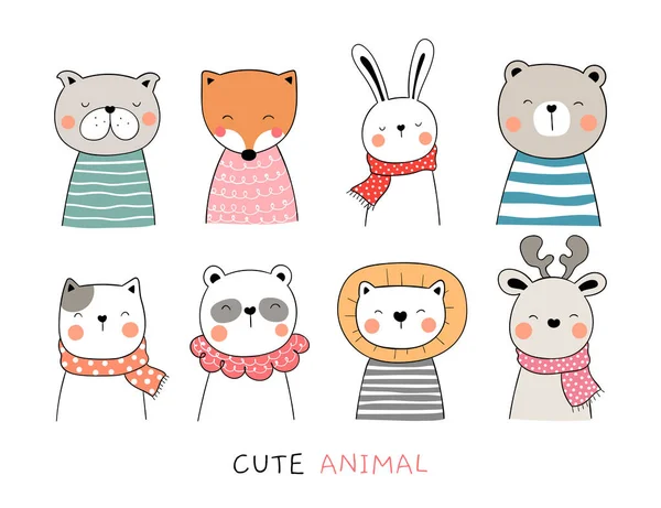 以涂鸦风格收集可爱的动物卡片 — 图库矢量图片