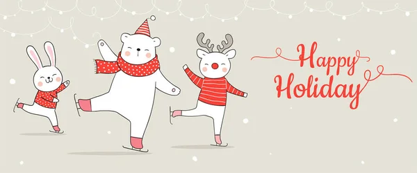 Banner Cute Deer Bear Rabbit Christmas Card — Stock Vector