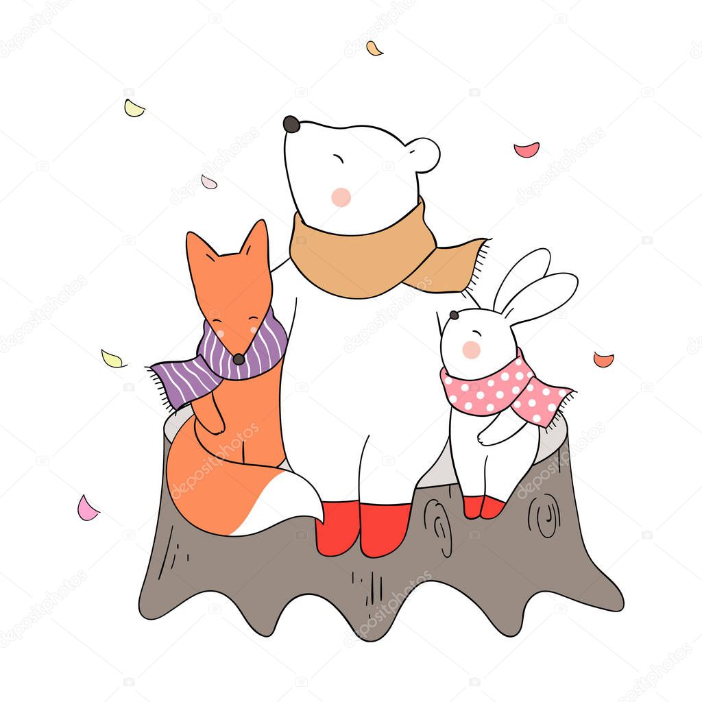 bear, rabbit and fox hug with love in autumn, simply vector illustration
