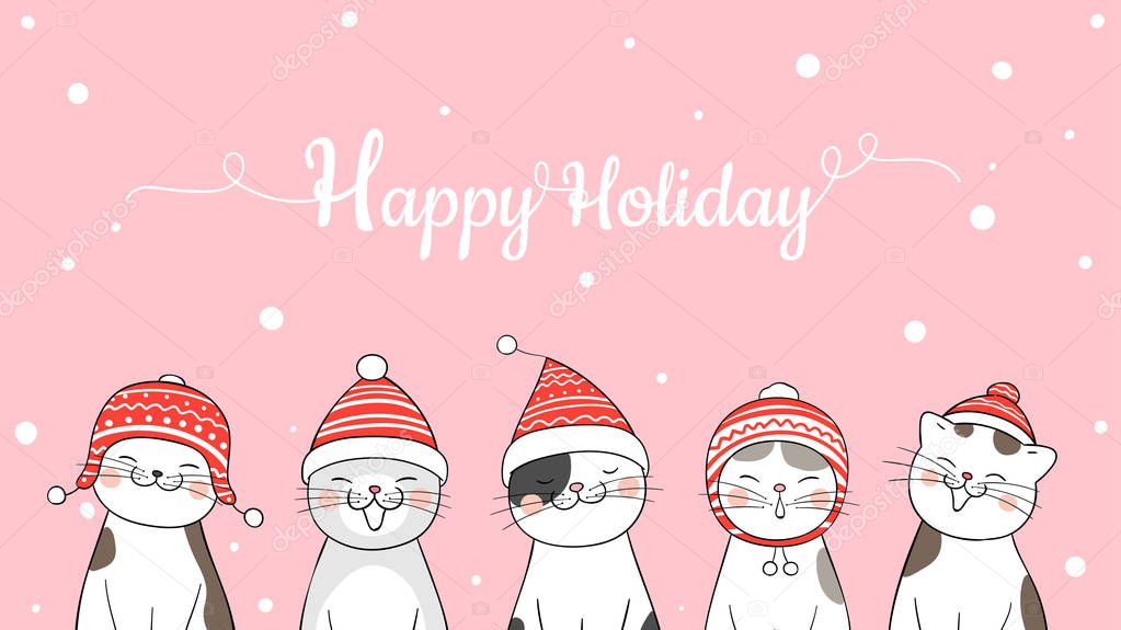 Merry Christmas card template with cats in red hats, simply vector illustration