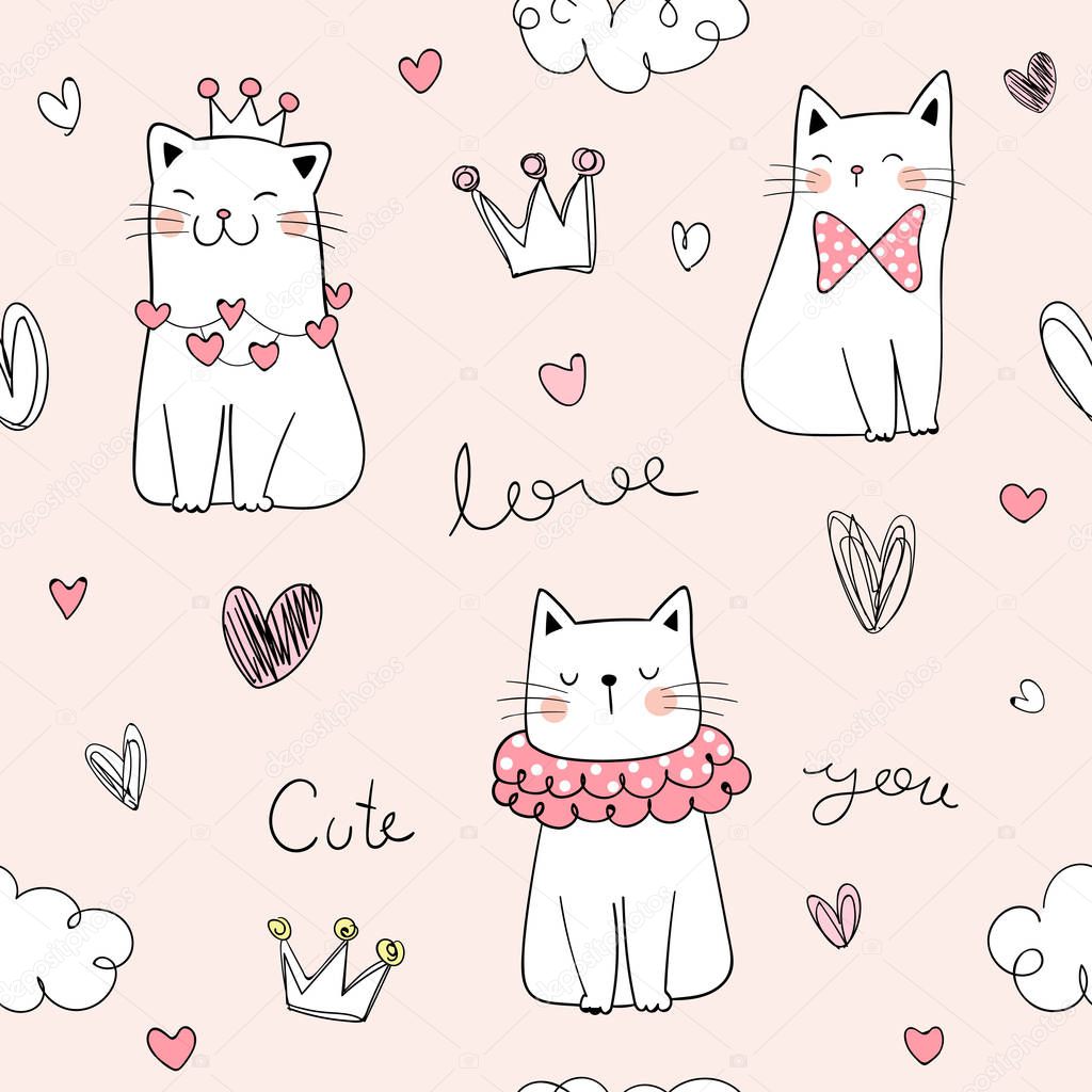 seamless pattern with cute cats, simply vector illustration