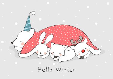 Noel ve yeni yıl için karda uyuyan sevimli hayvanları çiz / Noel ve yeni yıl için karda uyuyan sevimli hayvanları çiz.