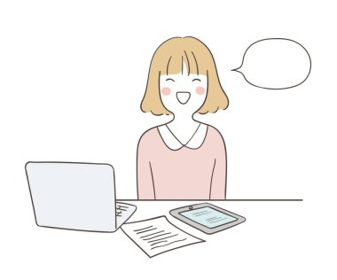 Masasına dizüstü bilgisayarı olan mutlu bir iş kadını çiz / Masasına dizüstü bilgisayarla mutlu bir iş kadını çiz