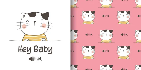 Cartão Saudação Padrão Impressão Gato Para Tecidos Têxteis Crianças Cartão —  Vetores de Stock