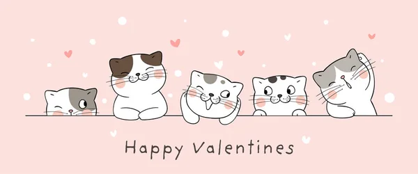 Banner Gato Con Poco Corazón Para Día San Valentín Dibujar — Archivo Imágenes Vectoriales