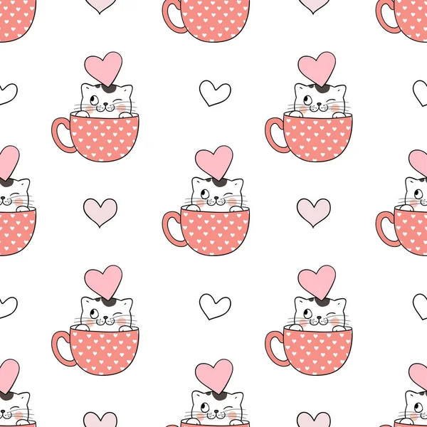 Dibuja Gato Patrón Sin Costuras Taza Para Día San Valentín — Archivo Imágenes Vectoriales