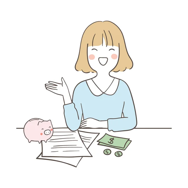 Happy Woman Saving Money Draw Happy Woman Saving Money — Stockový vektor