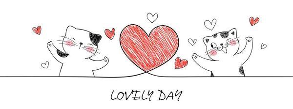 かわいい猫と赤いハートでバレンタインデーのアウトラインバナーを描く — ストックベクタ