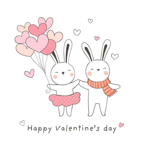 Pareja Conejos Enamorados Corazones Globos Para Día San Valentín — Archivo Imágenes Vectoriales