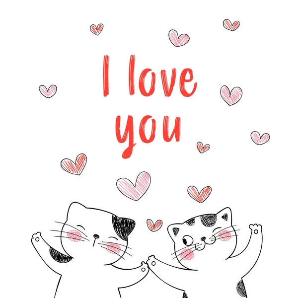 Hübsches Katzenpaar Mit Kleinen Herzen Für Valentinstag Karte — Stockvektor