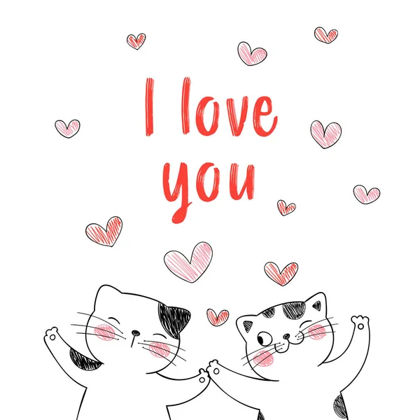 Preciosa Pareja Gatos Con Pequeños Corazones Para Tarjeta San Valentín — Archivo Imágenes Vectoriales