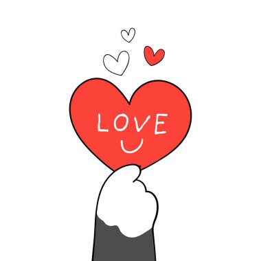  Kırmızı kalbi tutan kedi patisini çiz Sevgililer Günü için aşk yaz