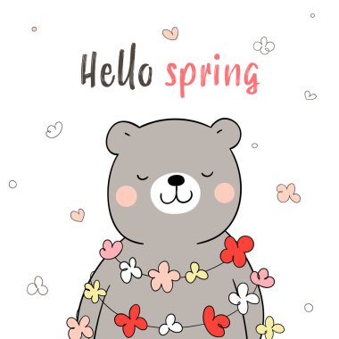 Bahar için mutlu şirin ayının etrafına çiçek çiz.