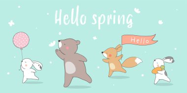 Bahar için yeşil pastele komik hayvan tilki ve tavşan çiz.