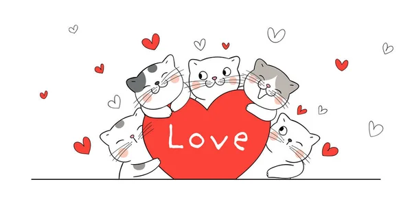 Draw Cat Hug Red Hearts Valentine Day — 스톡 벡터