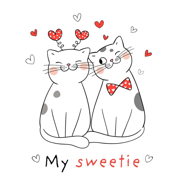 Dessiner Couple Amour Chat Avec Peu Coeur Rouge Pour Valentine — Image vectorielle