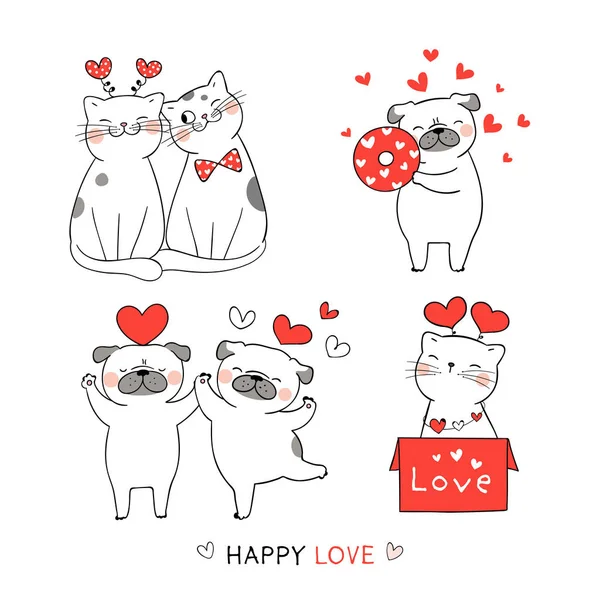 Draw Cute Cat Pug Dog Red Heart Valentine — 스톡 벡터