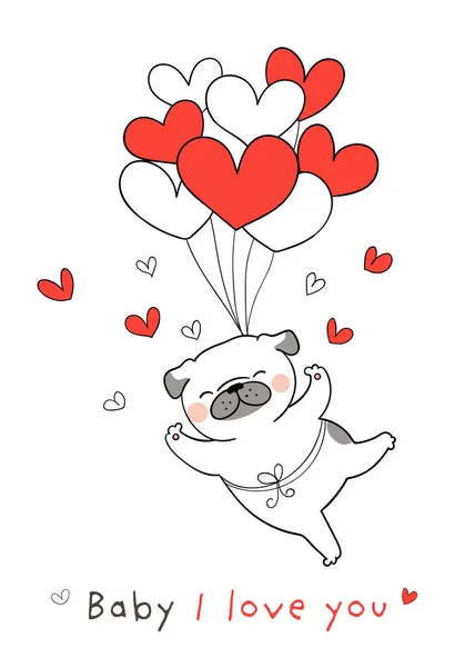 Draw Pug Dog Red Heart Balloon Valentine — Stock Vector
