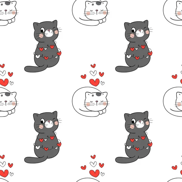 Бесшовный Рисунок Кошки Сердцем Белом Валентина — стоковый вектор
