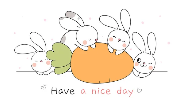 Draw Cute Bunny Sleeping Carrot Spring Season — 스톡 벡터