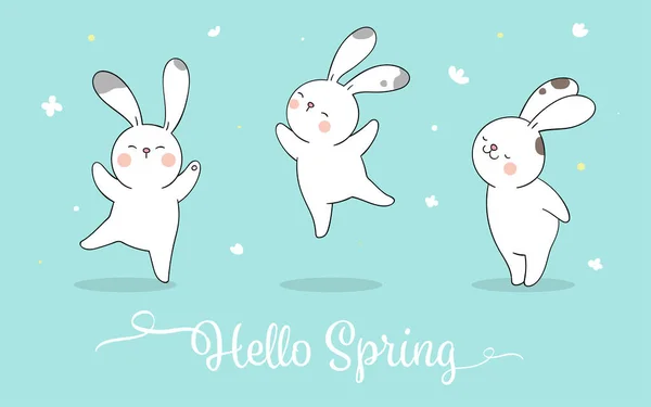 Нарисуйте Счастливого Кролика Голубой Пастели Весенний Сезон — стоковый вектор