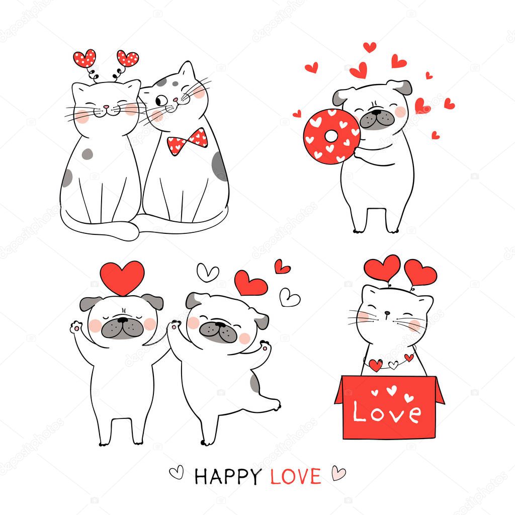 Draw cute cat and pug dog with red heart for Valentine